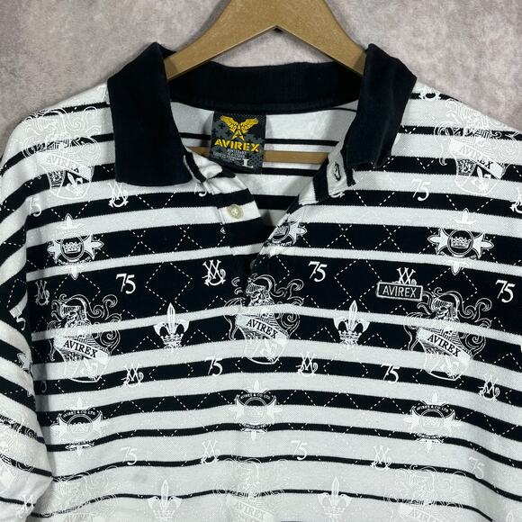 Avirex Polo Shirt Mens Large White Black Striped Short Sleeves Cotton Athleisure - Picture 3 of 9